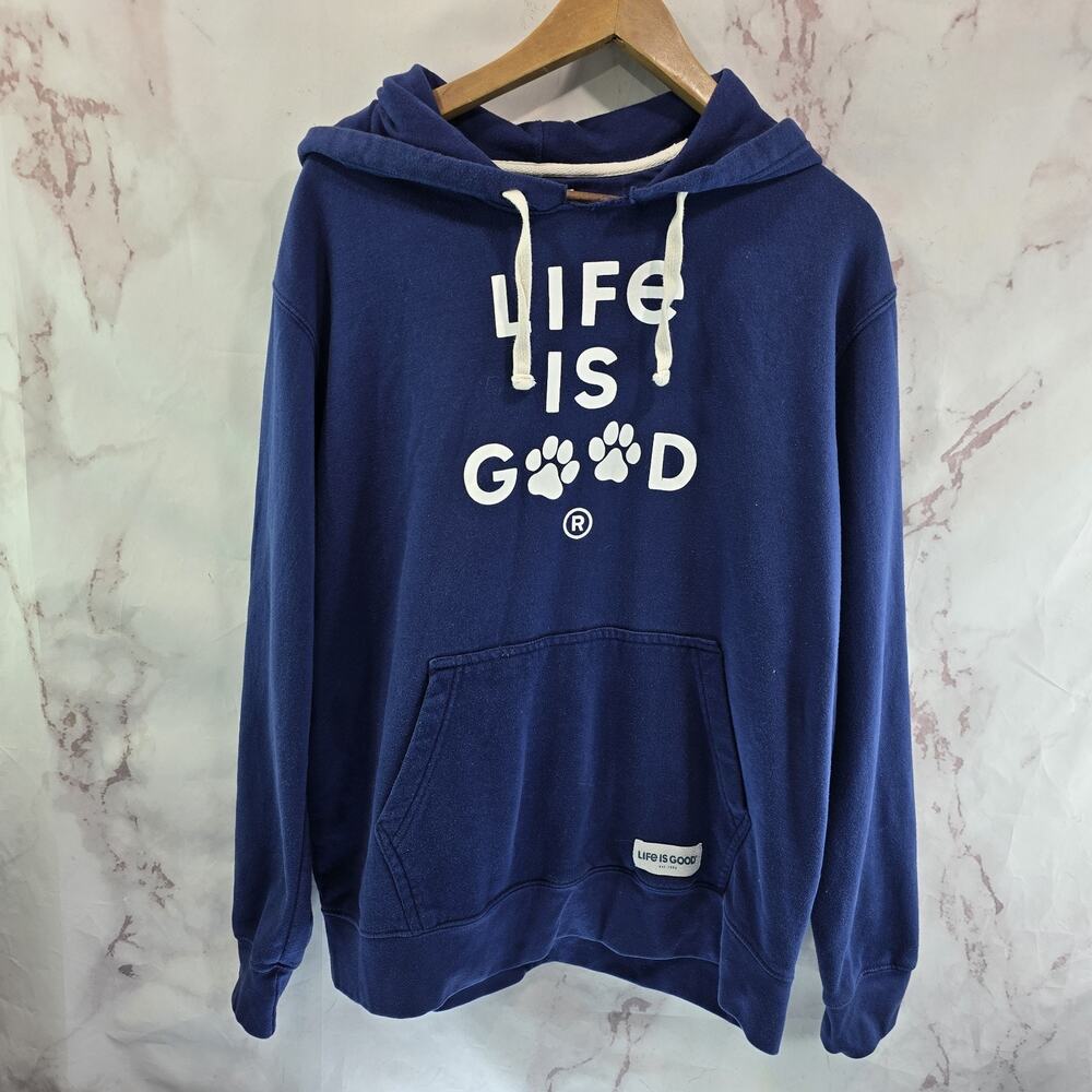 Life Is Good Hoodie Mens Large Blue Pullover Sweatshirt Dog Paws